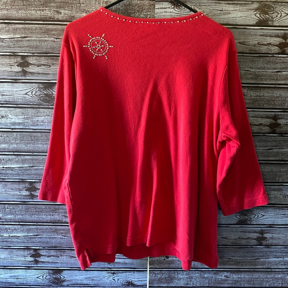 Quacker Factory Women's Top Size L Red Embellished Lighthouse Anchor Nautical